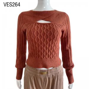 2023 Winter Fashion and Comfortable One Line Neck Sweater Brown cable knitted fabric fitted long sleeved top