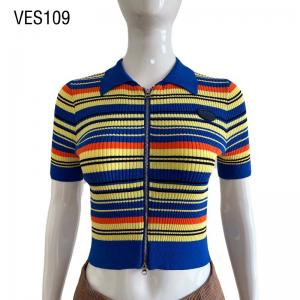 Women's contrasting lapel zipper stripe knitted cardigan Fashion Short Sleeve Short Top Casual tight knit sweater