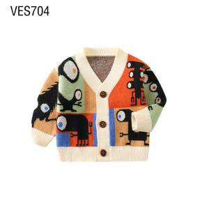 Customized Children's Cardigan V-neck Abstract Flat Monster Jacquard Sweater High Quality Autumn and Winter Knitted Coat Made in Chinese Factory