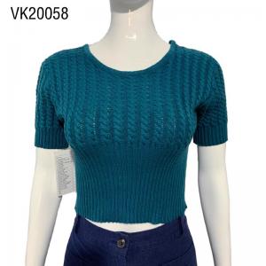 2023 Autumn Casual Needle Slim Fit Pullover Short sleeved slim fitting women's blue O-neck short top