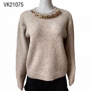 2023 New Long Sleeve Chain Decorative O-Neck Sweater Solid color loose fitting pullover Casual top