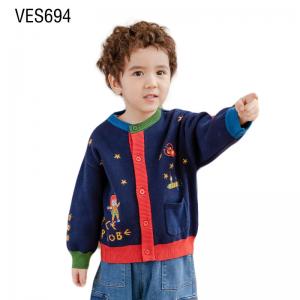 Customized Children's Cardigan Cartoon Universe Theme Jacquard O-Neck Sweater High Quality Autumn and Winter Warm Knitted Coat Made in Chinese Factory