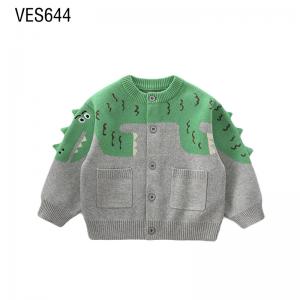 Customized Children's Cardigan Funny Little Crocodile Jacquard Single breasted Comfortable Sweater Fabric Soft Style Loose Knitted Coat Made by Chinese Clothing Factory