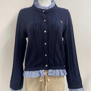 French sweet slim fit fungus stand up collar fake two piece bow knit cardigan for women