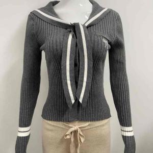 Grey unique and chic design, navy neck slim fit waist knit top, women's early autumn chic Korean style outfit