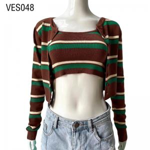 Autumn New Women's Fashion Long Sleeve Striped Button Slim Fit Cardigan Set Women's winter knitted sweater with exposed navel strap stripe top