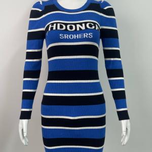 Long Sleeve Striped Letter Rib Knit Bodycon Mini Dress