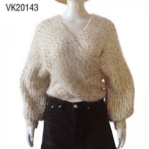2023 Fashion Women's Loose Sweater Long Sleeve Wrapped V-Neck Front Cross Casual Comfortable Knitted Pullover