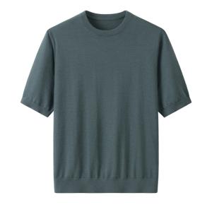 Men's Crew Neck Grey Green Short Sleeve Plain Cashmere Sweater