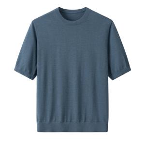 Men's Crew Neck Haze Blue Short Sleeve Plain Cashmere Sweater