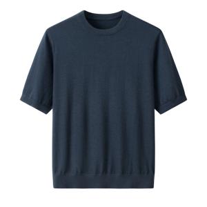 Men's Crew Neck Navy Blue Short Sleeve Plain Cashmere Sweater