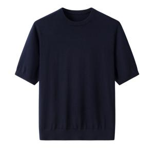 Men's Crew Neck Navy Short Sleeve Plain Cashmere Sweater