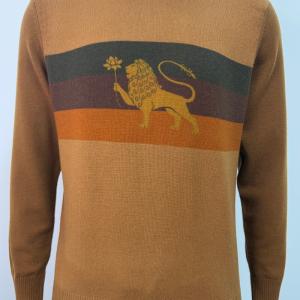 Men's Crew Neck Striped Lion Print Cashmere Sweater