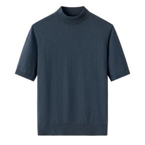 Men's Dark Slate Blue Mock Neck Short Sleeve Solid Plain Cashmere Sweater