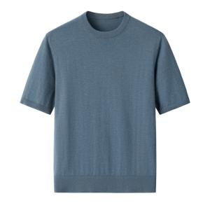 Men's Dusty Blue Crew Neck Short Sleeve Solid Plain Cashmere Sweater
