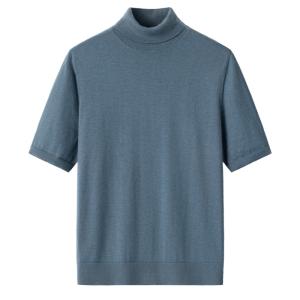 Men's Haze Blue Mock Neck Short Sleeve Solid Plain Cashmere Sweater