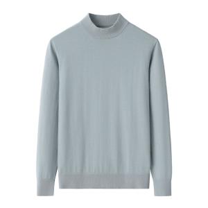 Men's Mist Blue Mock Neck Solid Plain Cashmere Sweater