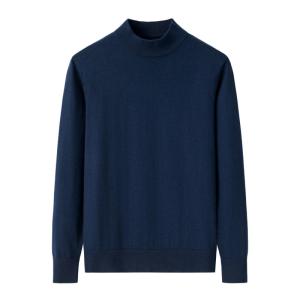 Men's Navy Blue Mock Neck Solid Plain Cashmere Sweater
