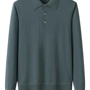 Men's Polo Collar Grey Green Plain Cashmere Sweater