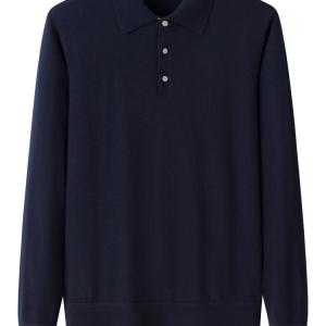 Men's Polo Collar Navy Blue Plain Cashmere Sweater