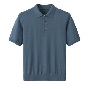 Men's Short Sleeve Polo Collar Navy Blue Plain Cashmere Sweater