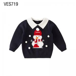 Customized Christmas Children's Polo Pullover Cute Little Snowman Applique Autumn and Winter Long Sleeve Loose Soft Sweater Made in Chinese Factory