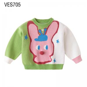 Customized Children's Pullover O-Neck Cute Cartoon Rabbit Jacquard Long Sleeve Warm Sweater Made in Chinese Factory