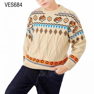 Customized Children's Pullover Classic Vintage Geometric Square Thread Jacquard Sweater Long Sleeve Loose O-Neck Autumn and Winter Warm Top Manufactured by Chinese Factory