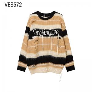 Customized Pullover Long Stripe O-Neck Tassel Solid Letter Decal Cutout Autumn Casual Daily Soft Sweater Made by China Knitting Factory