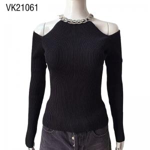 Women's Autumn Off Shoulder Elastic Slim Fit Chain O-Neck Sweater Pure Black Fashion Long Sleeve Thread Knitted Comfortable Pullover Top