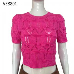 Women's Neon Pink Fashion Sexy Fit Elastic Knitting Shirt Short Sleeve Spring O-Neck Pullover Hollow Hook Needle Short Top