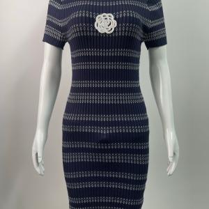 Short Sleeve Fine Stripe Rib Knit Bodycon Mini Dress With Camellia Applique