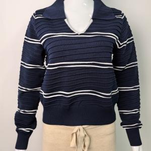 Women's Spring Autumn Stripe Sparkling Yarn Long Sleeve Deep V-Neck Sexy Casual Sweater Two tone fashionable cut wide long sleeved pullover