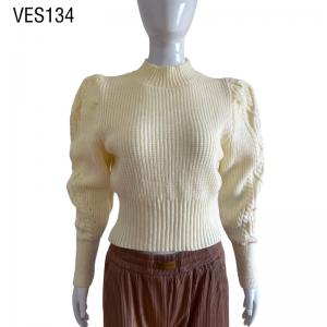 2023 Winter and Autumn Long Sleeve O-Neck Pullover Fit Solid Color Knit Vintage Bubble Sleeve Thread Sweater