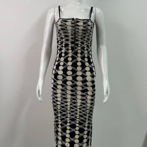 Spaghetti Strap Geometric Dot Knit Bodycon Midi Dress With Front Zipper