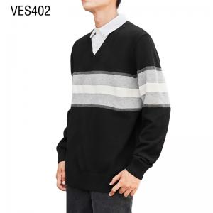 Customized OEM&ODM Men's Stripe Polo Warm Sweater Classic mature and comfortable long sleeved pullover Two color patchwork outdoor top