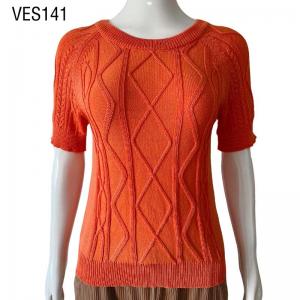 Classic Diamond Pattern Knitted Women's Sweater Terracotta O-Neck Fit Pullover Vintage short sleeved mountain clothes