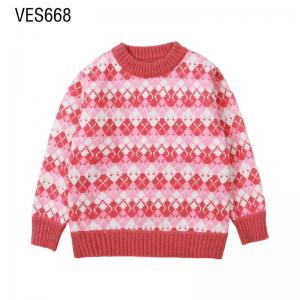 Customized Christmas Children's O-Neck Classic Vintage Geometric Square Pattern Jacquard Sweater Loose Knitted Pullover Long Sleeve Top Made in Chinese Factory