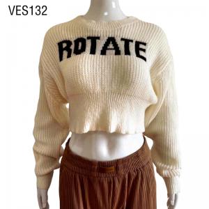 2023Hot sales Casual Women Letters Embroidery Pattern Pullover  Beige Long Sleeve Loose Style O-neck Sweater Short Knitted blouse