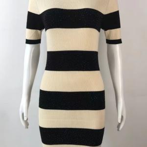 Women's Beige Black Striped Rhinestone Mock Neck Midi Knit Dress