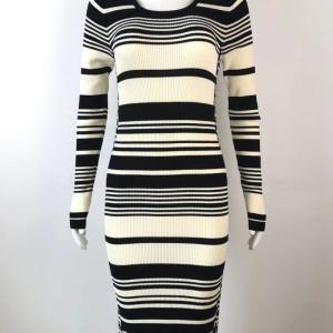 Women's Black White Striped Long Sleeve Ribbed Knit Midi Dress