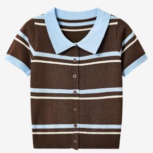Women's Color Block Stripe Lapel Short Sleeve Knit Cardigan