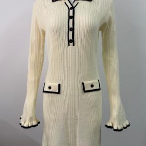 Women's Contrast Trim Polo Collar Rib Knit Mini Dress
