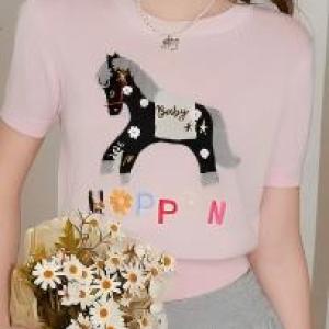 Women's Crew Neck Cartoon Pony Print Thin Knit Short Sleeve Top
