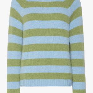 Women's Crew Neck Light Blue Green Stripe Long Sleeve Cashmere Sweater