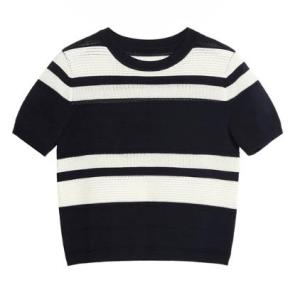 Women's Crew Neck Striped Hollow Out Short Sleeve Cashmere Sweater