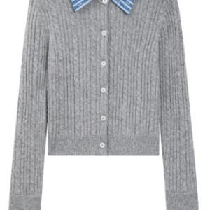 Women's Faux Two-Piece Stripe Collar Cable Knit Cardigan
