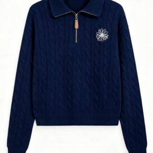 Women's Half Zip Collar Cable Knit Embroidery Sweater