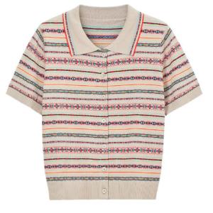 Women's Lapel Ethnic Stripe Short Sleeve Cashmere Cardigan