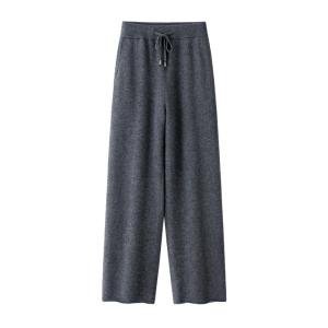 Women's Medium Grey Drawstring High Waist Cashmere Wide Leg Pants